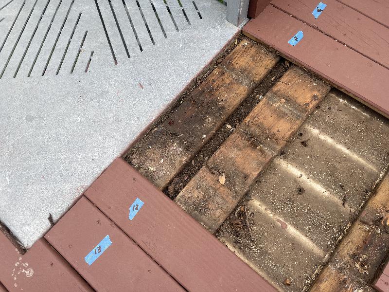 Lots of debris has fallen through the gaps, causing bad drainage. 