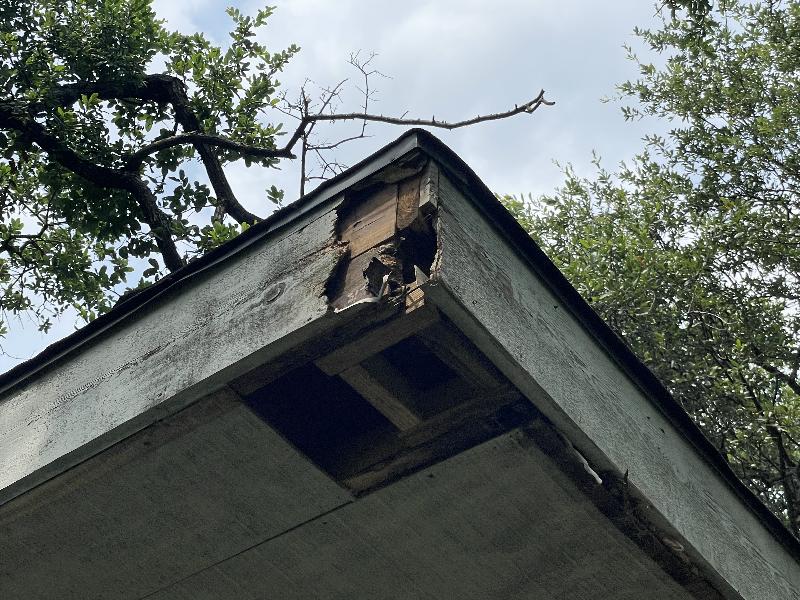 Critter/water damage at the corner. Main task. 
