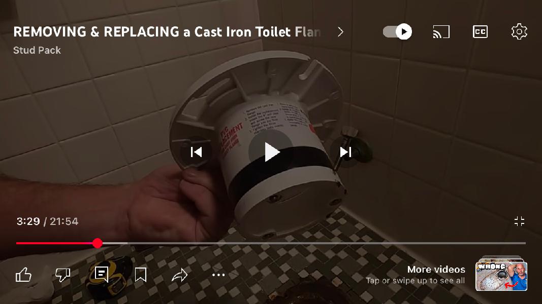 A screenshot showing how to install a new flange when the drain line is cast iron. 